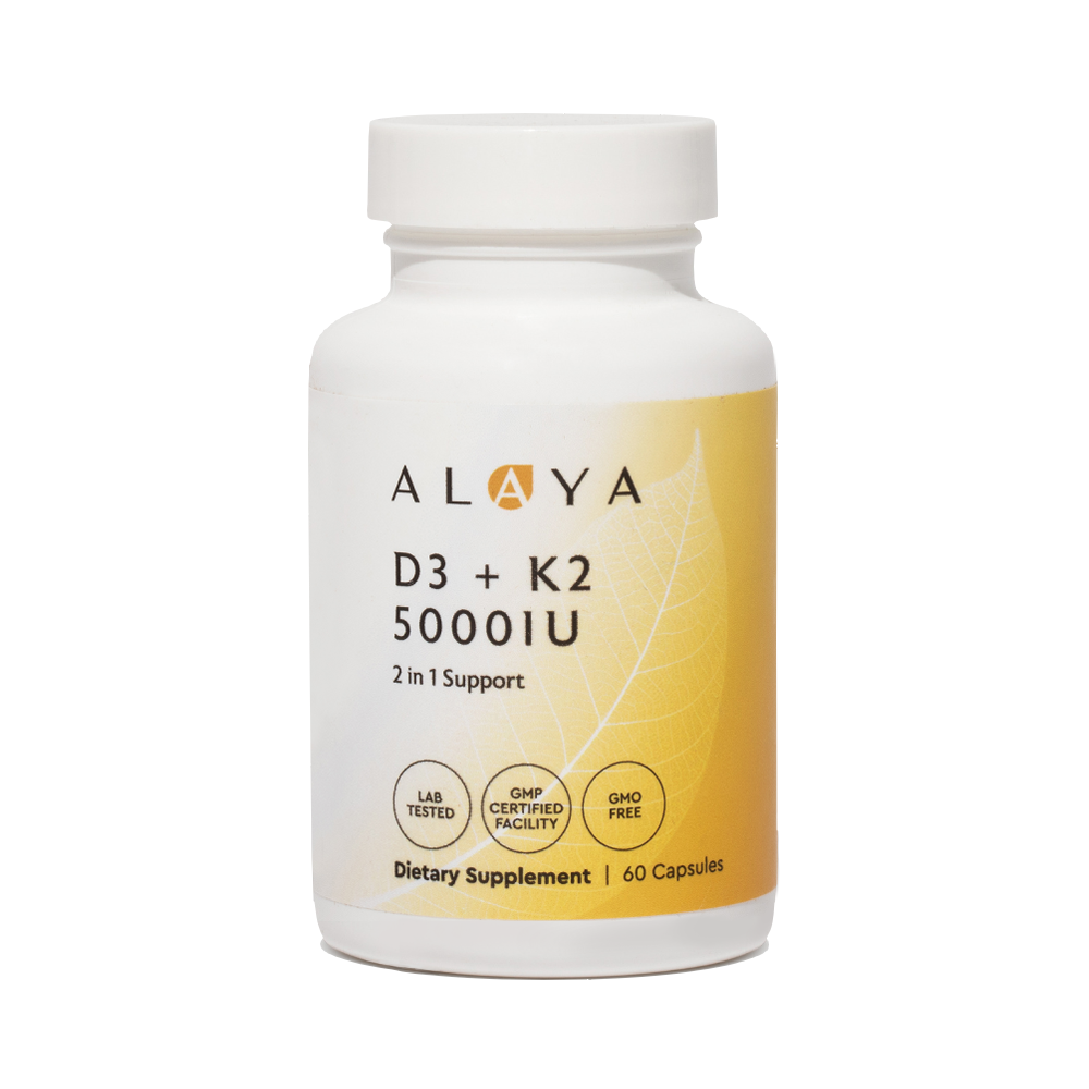 Alaya D3 + K2 supplement bottle on a white background #hide