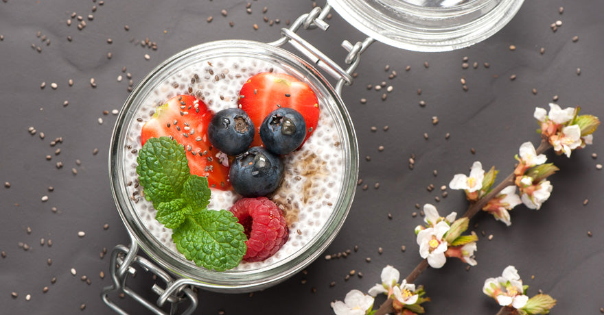 Bowl of Chia with blueberries, raspberries and strawberries