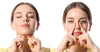 Young woman doing face building face yoga exercises against white background