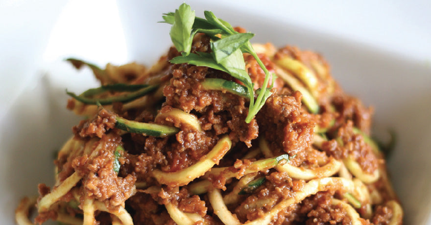 zucchini noodles in a vegetable bolognese sauce. Vegan.