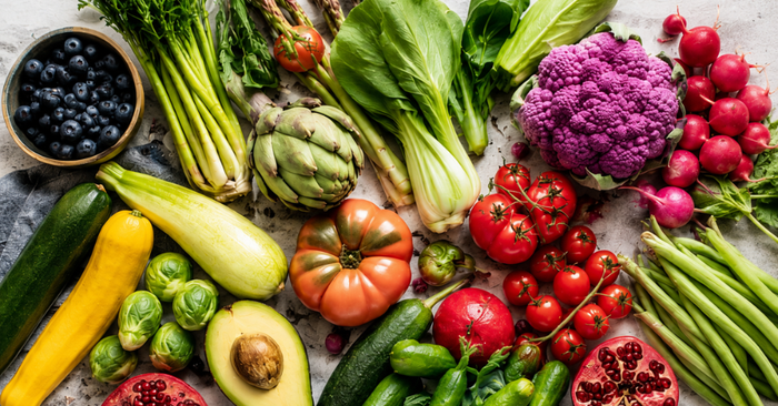 table of fresh fruits and vegetables 