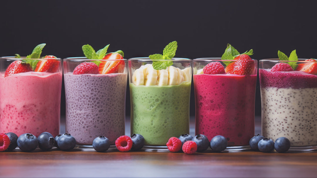 multiple fruit smoothies lined up