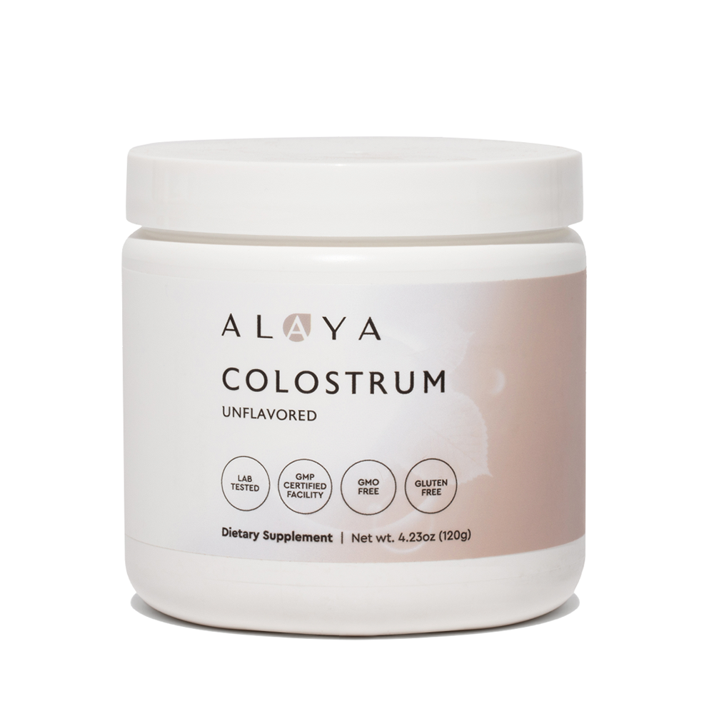 Alaya Colostrum supplement bottle on a white background #hide
