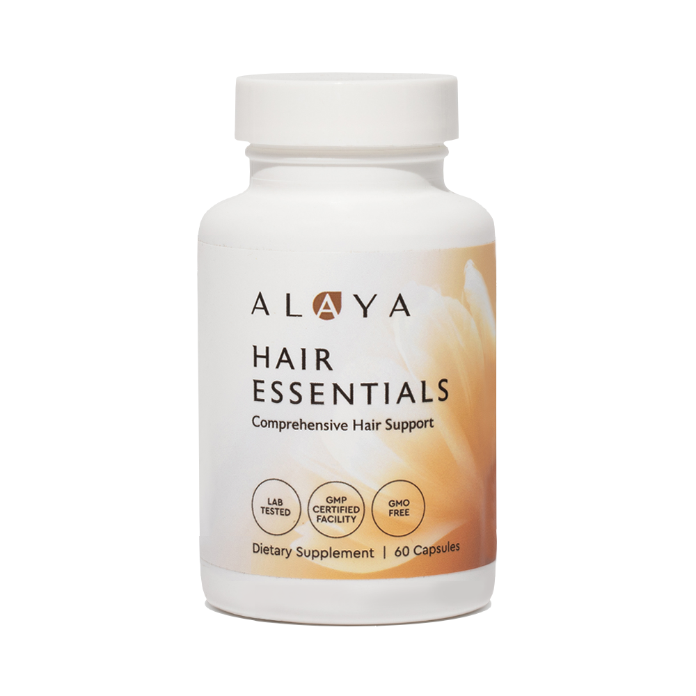Alaya Hair Essentials supplement bottle on a white background #hide