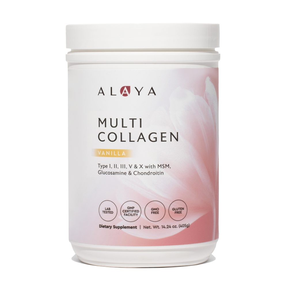 Alaya Multi Collagen Vanilla Powder supplement bottle on a white background #flavor_vanilla