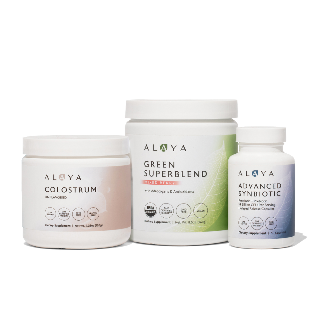 Alaya Naturals Colostrum, Green Superblend, and Advanced Synbiotic on a white background.