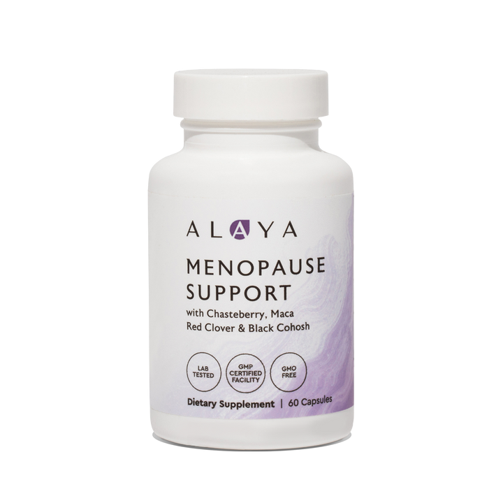 Alaya Menopause Support supplement bottle on a clear background #hide
