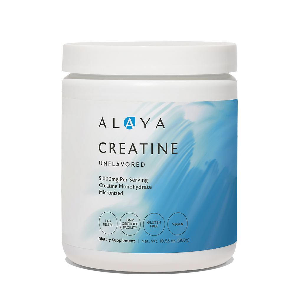 Alaya Micronized Creatine supplement bottle on a clear background #hide