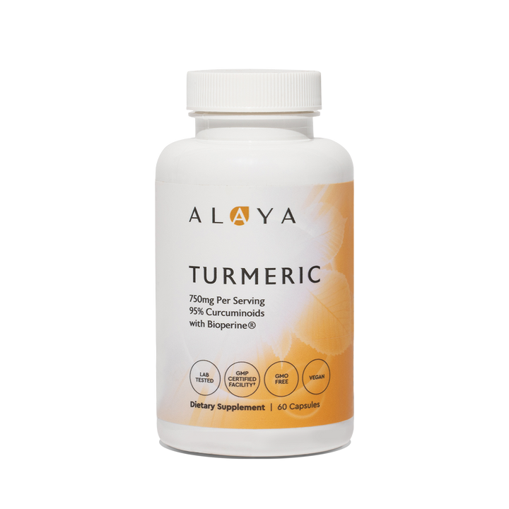 Alaya Turmeric supplement bottle on a clear background #hide