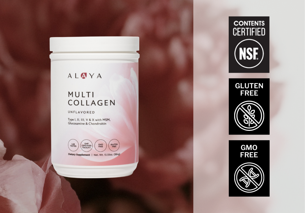 Alaya Multi Collagen supplement container with certification logos on a blurred background. Contents Certified NSF, Gluten Free, GMO Free